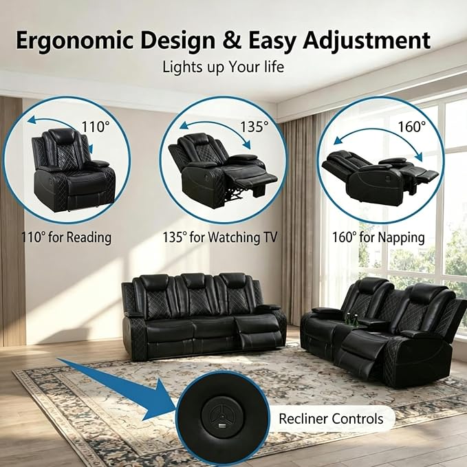 Power Recliner Sofa Set with LED Lights, Includes a Manual Loveseat and a 3 - Image 2