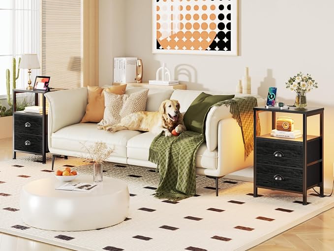 Furologee Nightstands with Charging Station, End Table with LED Lights - Image 2