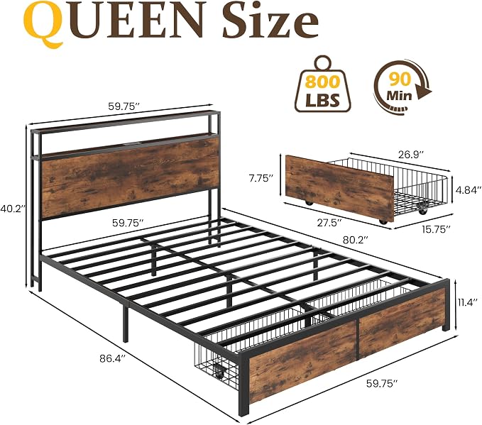 Lifezone Queen Bed Frame with 2-Tier Storage Headboard, Metal Bed Frame with - Image 2