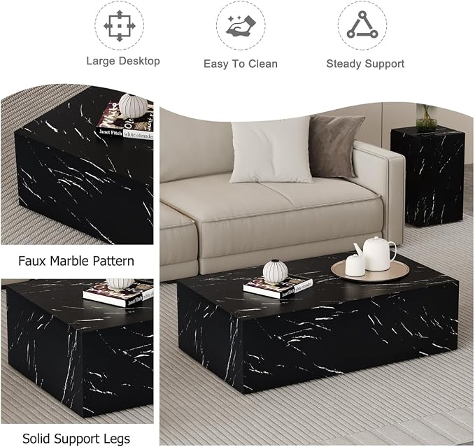 Coffee Table Living Room Table, Modern Black Faux Marble Center Couch Table - Image 5