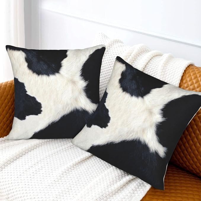 Western Cow Print Black and White Pillow Covers 20x20 Set of 2, Cowfur Print - Image 5