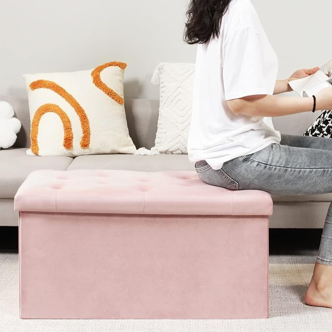 B FSOBEIIALEO Folding Storage Ottoman, Long Ottomans Shoes Bench, Velvet - Image 4