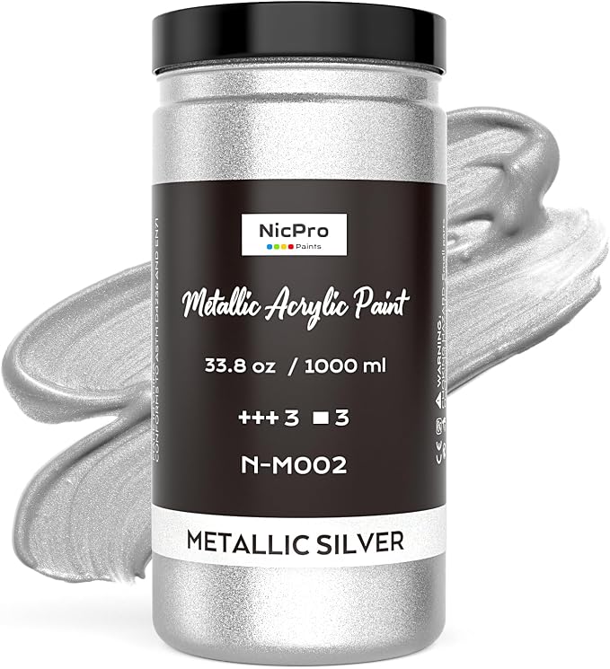 Nicpro Metallic Silver Acrylic Paint, 33.8oz/1000ml Large Silver Leaf Paint by Nicpro