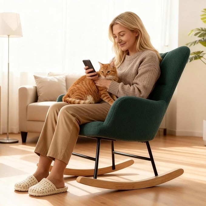 DUMOS Rocking Chair with Wing Backrest, Teddy Comfy Upholstered Indoor Reading - Image 4