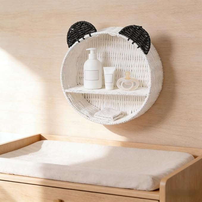 Panda Nursery Decor Wall Shelf, Handwoven Wicker Nursery Shelves - Image 3