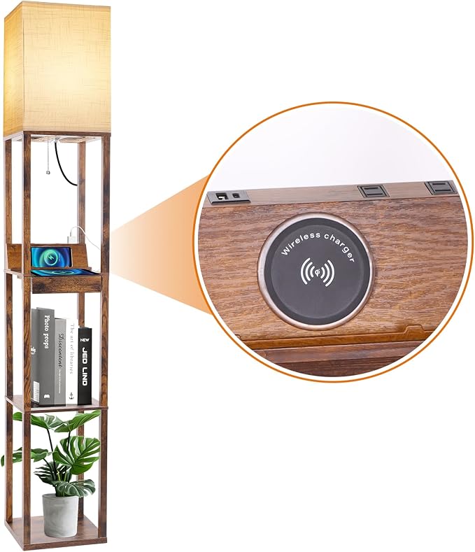 RUNTOP Floor Lamp with Shelves, Shelf Floor Lamp with Wireless Charger & 2 - Image 2