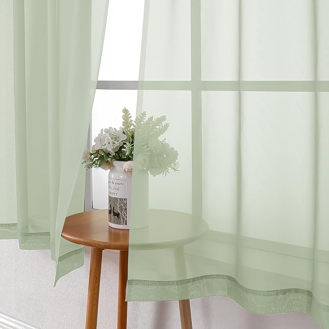 Light Green Sheer Curtains 63 Inch Length 2 Panels Set, Elegant Voile Curtains - Image 3