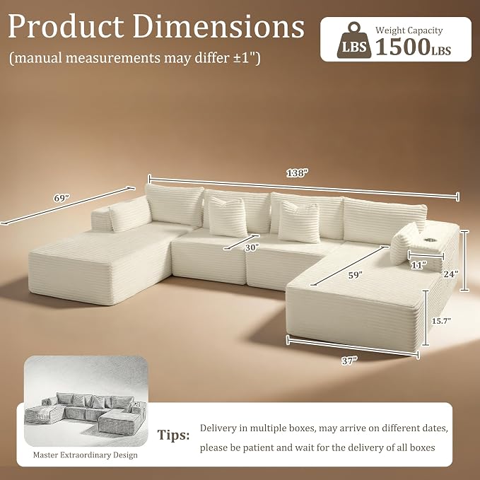 138" Cloud Sectional Couch, Comfort U Shaped Sofa - Image 2