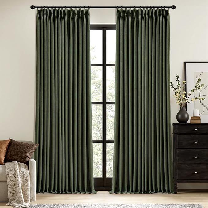 MIULEE Olive Green Pinch Pleated 100% Blackout Linen Curtains 40x90 Inches | by MIULEE