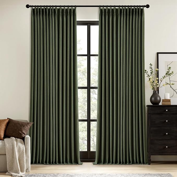 MIULEE Olive Green Pinch Pleated 100% Blackout Linen Curtains 40x96 Inches | by MIULEE