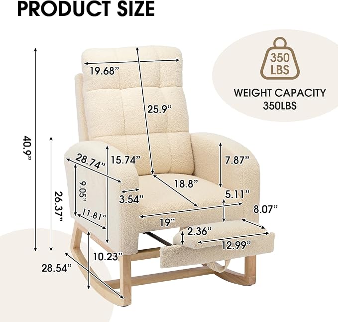 NIOIIKIT Modern Nursery Rocking Chair, Teddy Upholstered Rocking Chair - Image 2