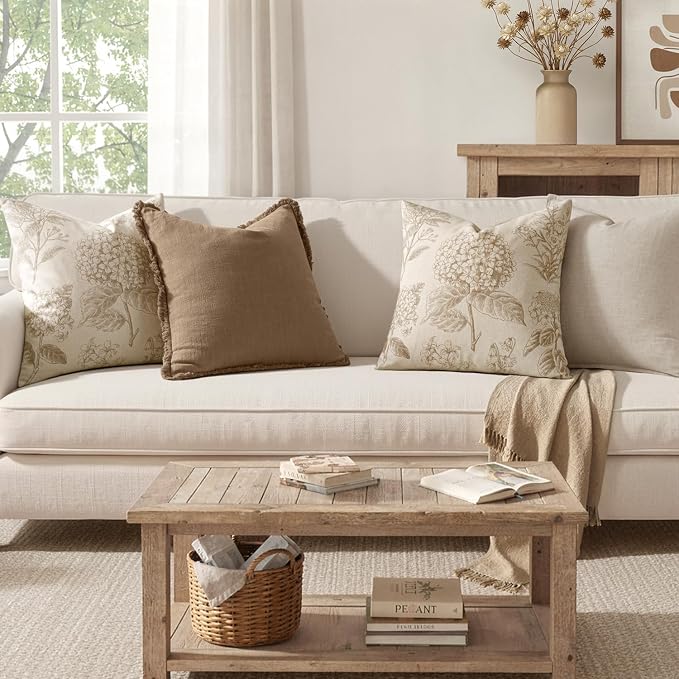 Set of 2 Decorative Floral Pillow Covers 20x20 Inch Tan Beige | Neutral - Image 4