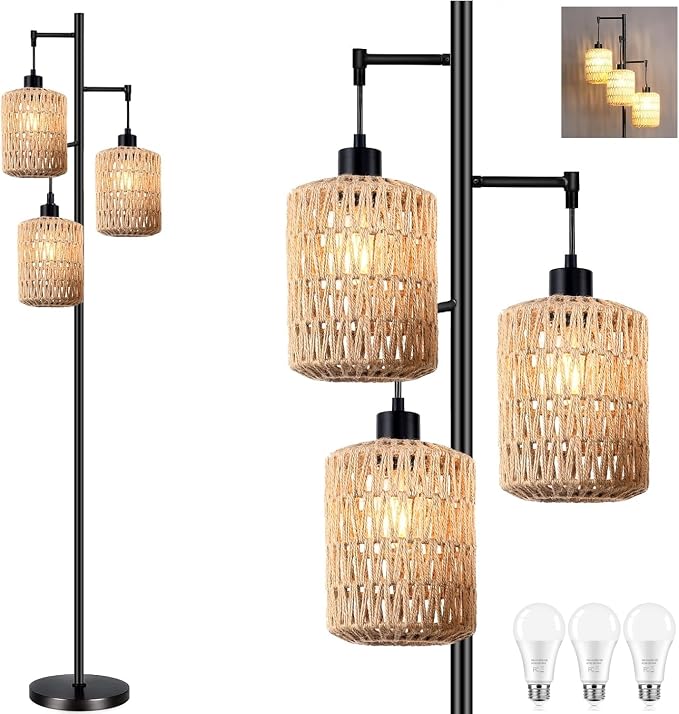 QIYIZM Floor Lamp for Living Room, 3-Lights Boho Rattan Tree Floor Lights by QIYIZM