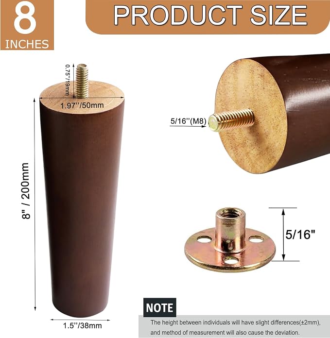 Yaliuliu Brown 8 Inches Furniture Legs Round Solid Wood Sofa Legs Replacement - Image 2