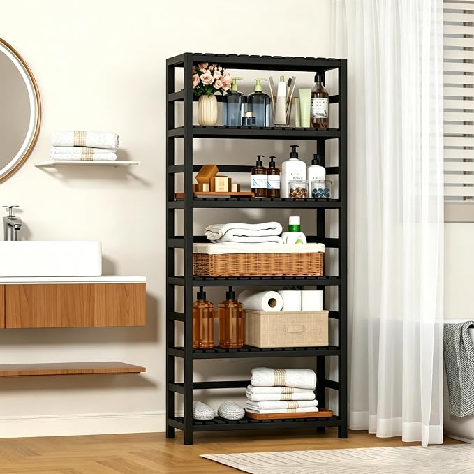 VASMIA 6-Tier Bamboo Shelf, Bamboo Storage Shelving Unit, Tall Bookcase - Image 4