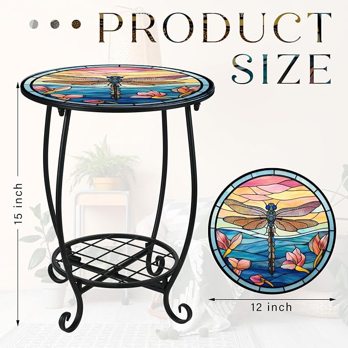 Cinnvoice Outdoor Side Table Round Small Mosaic Patio Accent Indoor End Plant - Image 3