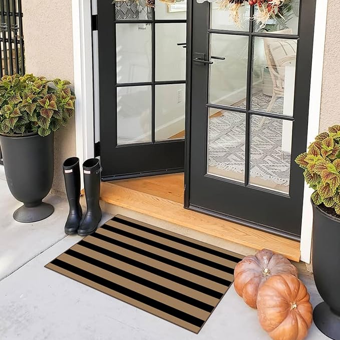 Front Door Mat Indoor Outside Entrance 2x3 Black Tan Striped Rug | Non-Slip - Image 9