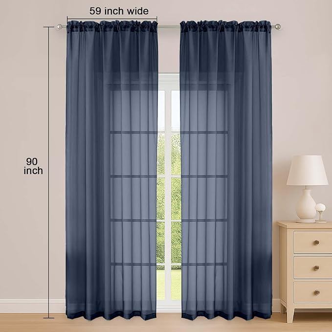Navy Blue Sheer Curtain 90 Inches Long 2 Panels Set, Solid Filmy Drapes - Image 2