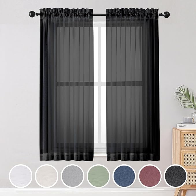 Black Sheer Curtains, Sheer Curtains 63 inch Length 2 Panels Set, Rod Pocket by OWENIE