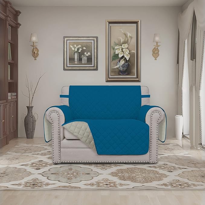 Easy-Going Reversible Couch Cover, Oversized Chair, Peacockblue/Beige | Machine - Image 2