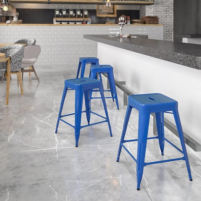 Flash Furniture Kai Commercial Grade 24" High Backless Blue Metal - Image 2