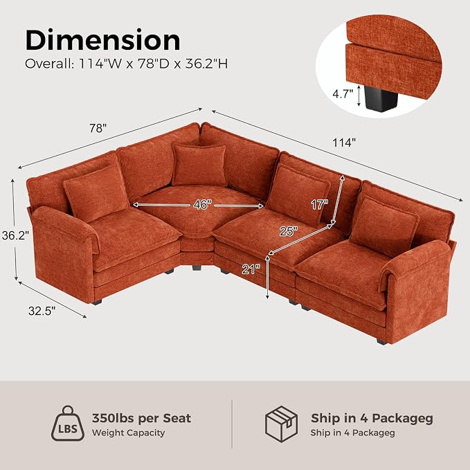 ELUCHANG 114" Oversized V-Shaped Cloud Couch Modular Sectional Sofa - Image 2