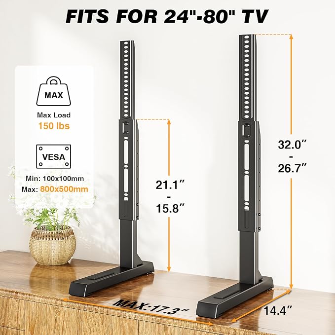 Universal TV Stand Mount for 24-80 inch Flat or Curved TVs, Height Adjustable - Image 3