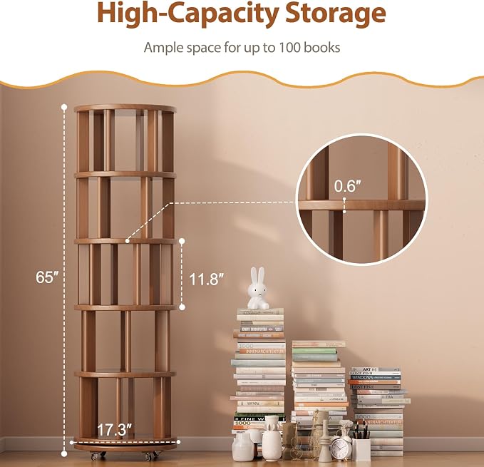 Muwuele Solid Wood Rotating Bookshelf on Wheels, 5 Tier, Round Revolving - Image 2