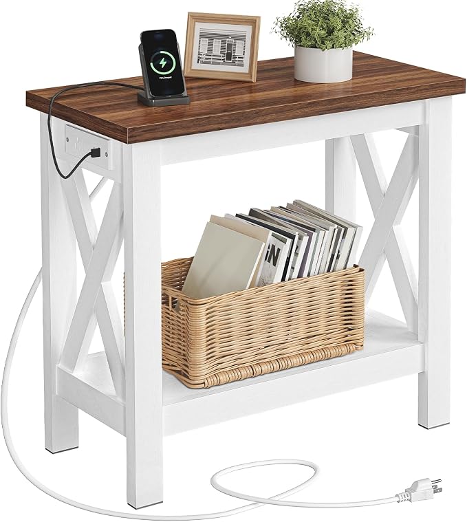 HOOBRO End Table with Charging Station, Farmhouse Narrow Side Table, 2-Tier by HOOBRO
