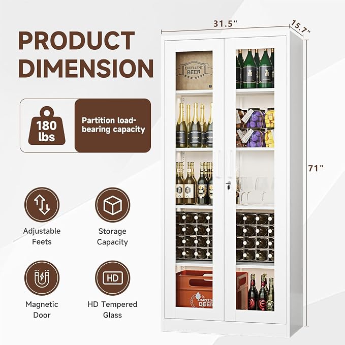 PEUKC Display Cabinet with Glass Doors, 71 Inches Metal Display Case with 4 - Image 3