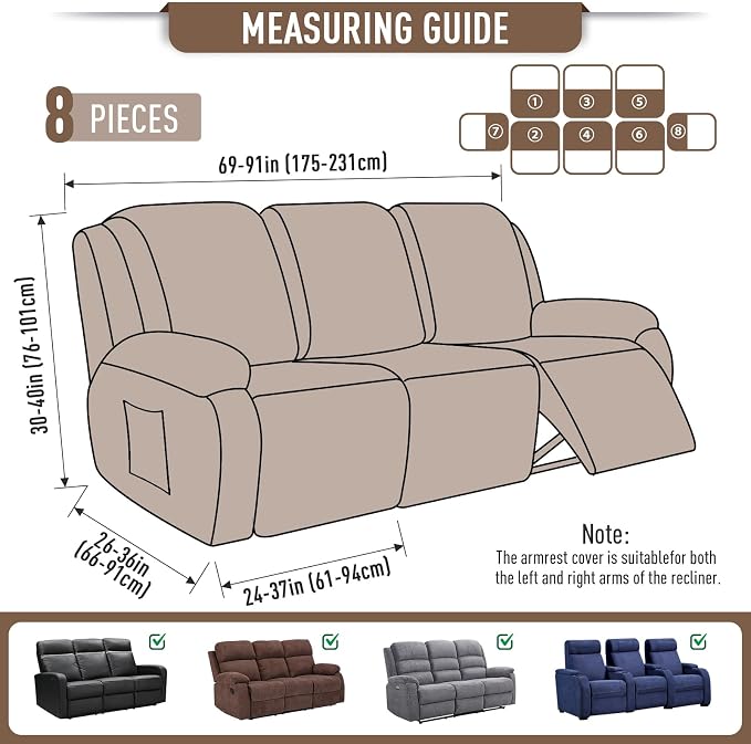 TAOCOCO Recliner Sofa Covers 8-Pieces Stretch Large Couch Covers - Image 5