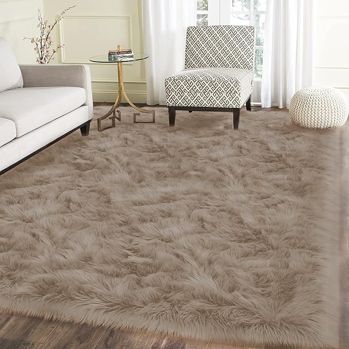 Latepis Beige Faux Fur Rug 8x10, Faux Fur Sheepskin Rug - Image 8