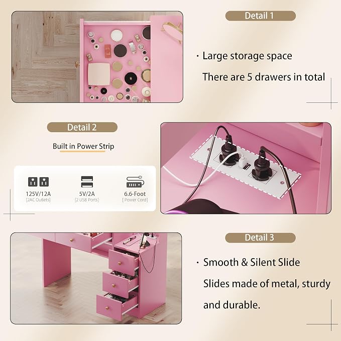 Makeup Vanity with Lights & Charging Station, Vanity Desk with Mirror & Lights - Image 6