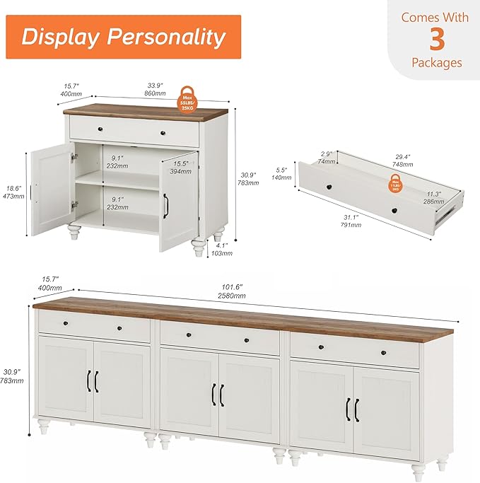 WAMAPT Buffet Cabinet with 6 Doors and 3 Drawers, Large Coffee Bar Table Wood - Image 2