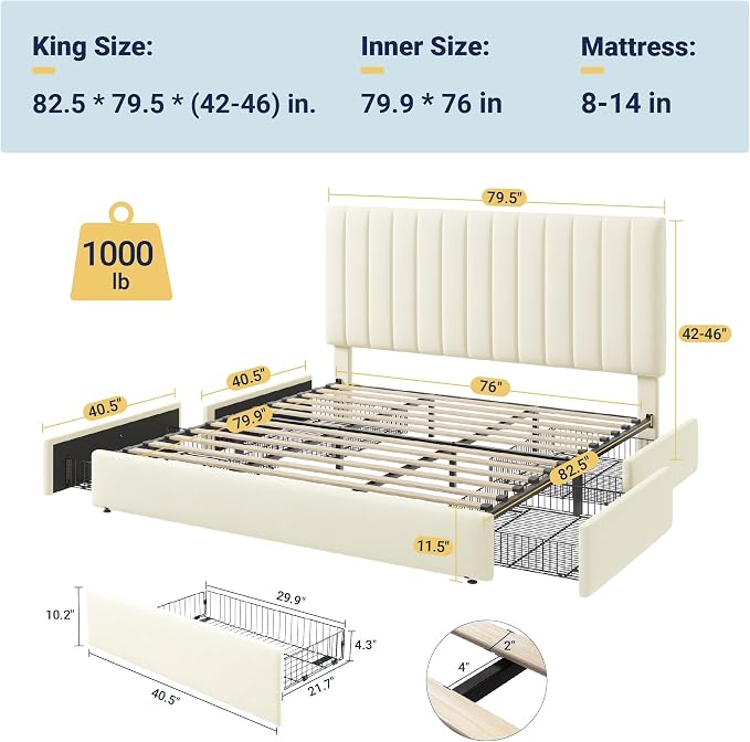 Allewie King Size Storage Bed Frame, Vertical Channel Tufted Adjustable - Image 2