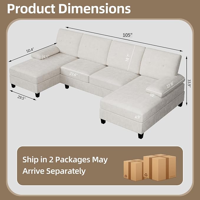 U-Shaped Sectional Couches for Living Room, 4 Seat Sofa - Image 2