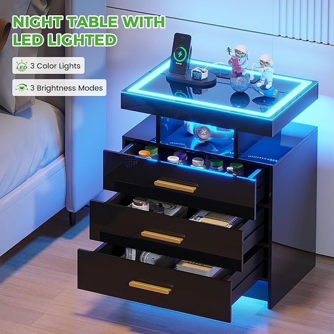 HNEBC LED Nightstand with Charging Station, Smart Bedside Table with Motion - Image 3