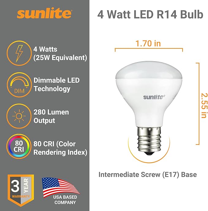 Sunlite LED R14 Mini Flood Light Bulbs, 4 Watts, 280 Lumens, Intermediate Base - Image 2