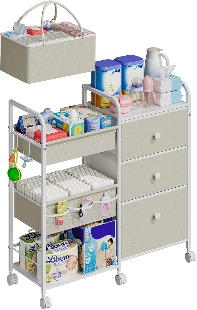 Cidaziya 2In1 Baby Diaper Caddy Organizers and Storage, 3 Tier Rolling Cart by Cidaziya
