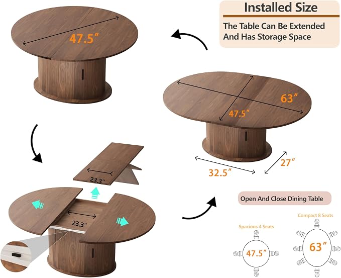 Extendable Round Dining Table for 2-4-6, 63 Inch Dining Room Kitchen Table - Image 2