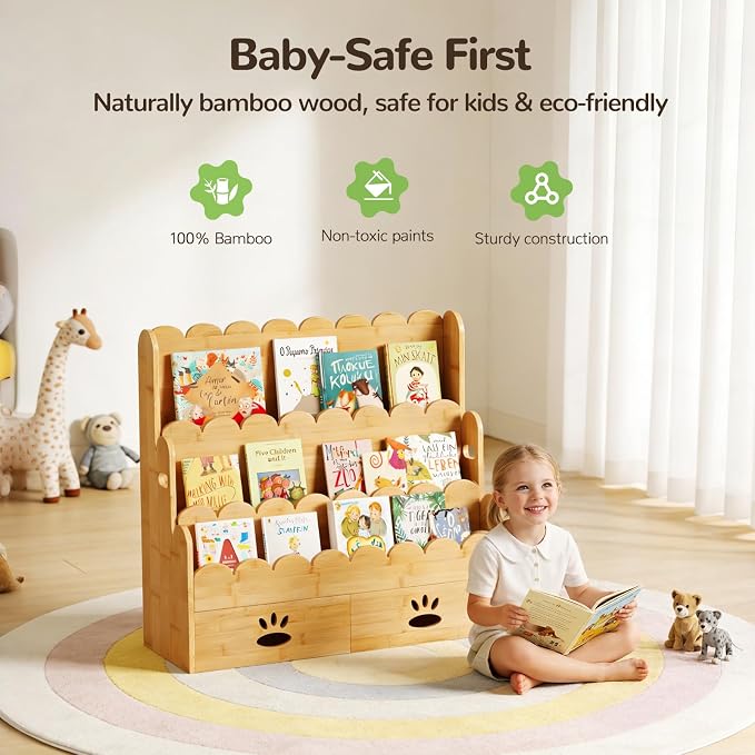 ELYKEN Kids Bookshelf with 2 Drawers, 3-Tier Bamboo Book Shelf - Image 6