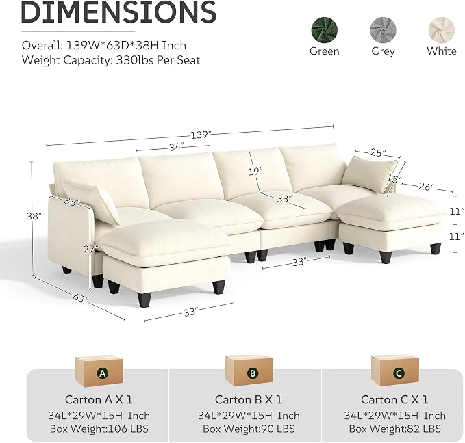 Ihanherry 139" U-Shaped Modular Sectional Couch, Oversized Cloud Sofa - Image 3