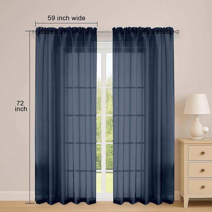 Navy Blue Sheer Curtains 72 Inches Long 2 Panels Set, Transparent Voile Sheer - Image 2