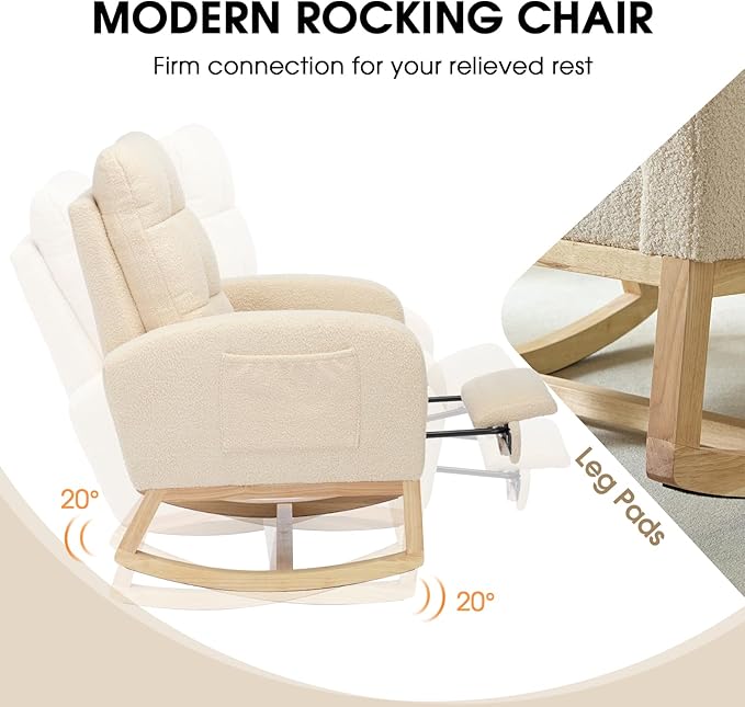 NIOIIKIT Modern Nursery Rocking Chair, Teddy Upholstered Rocking Chair - Image 5