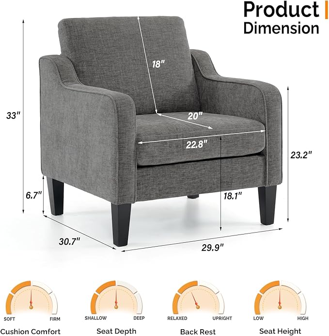 VINGLI Accent Chairs Set of 2 for Living Room, Light Grey Mid Century Modern - Image 3