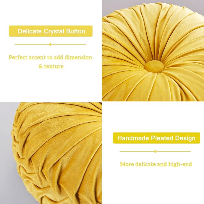 HIG Set of 2 Yellow Velvet Decorative Round Pleated Throw Pillows | Vintage - Image 3