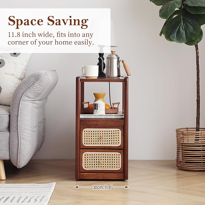 Tiita Rattan Nightstand Side Table, Bamboo Accent Bedside Tables, Glass Coffee - Image 6