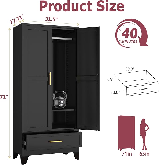 GAIOUS Steel Armoire Wardrobe Closet, 1 Adjustable Shelf and 1 Drawers - Image 2