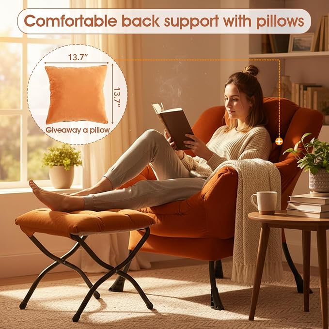Tangerine Lazy Chair with Ottoman, Large Velvet Accent Chair with a Throw Pillow - Image 5
