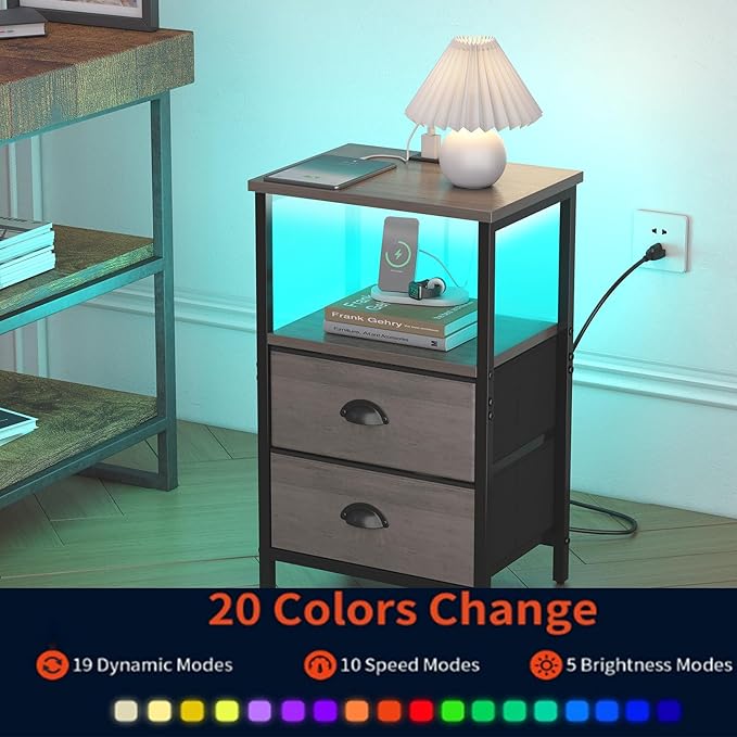 sthmec Nightstand with Charging Station, LED Night Stand with 2 Fabric Drawers - Image 6